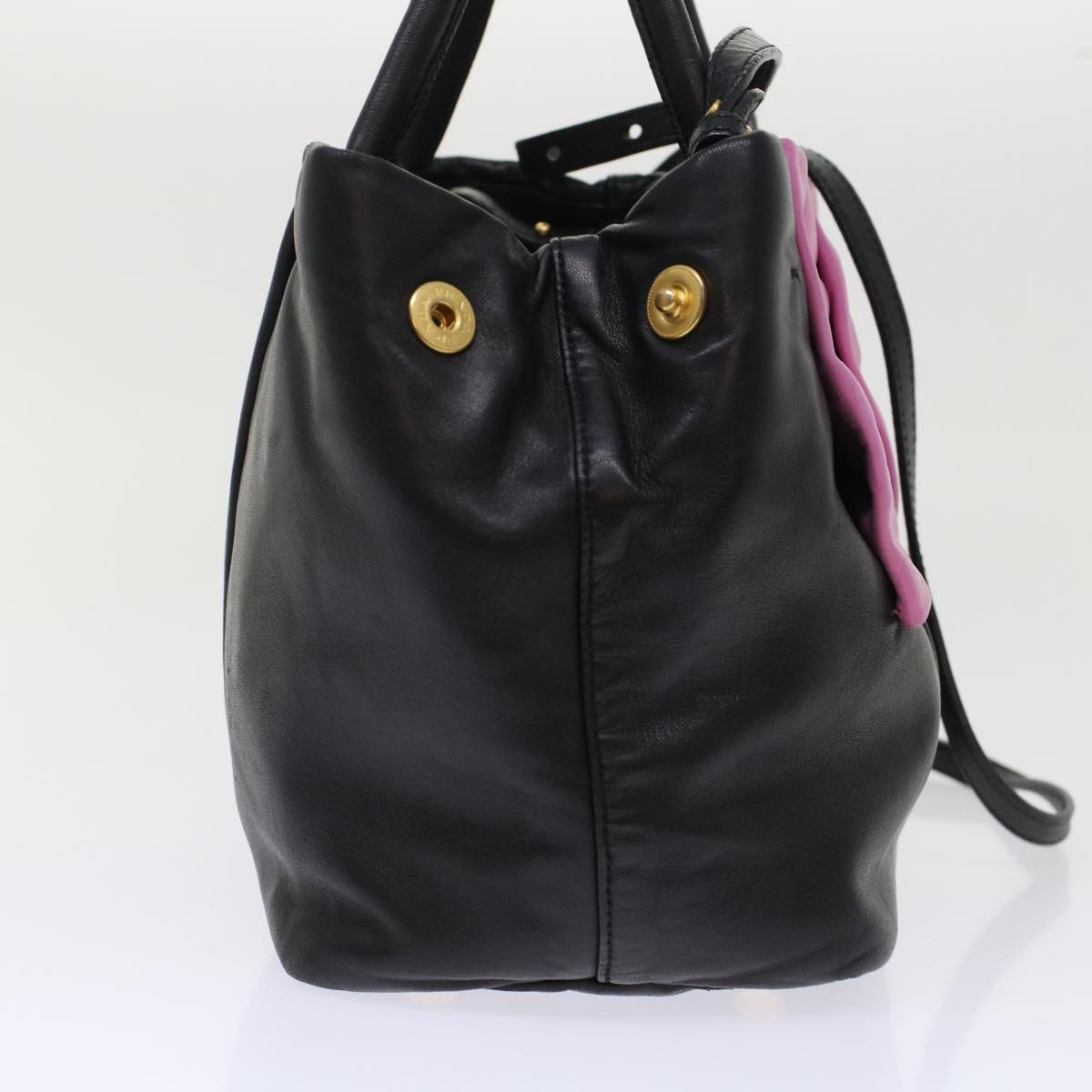 Prada Ribbon Hand Bag Leather 2way Black Pink hk777
