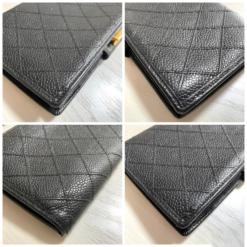 Chanel Vintage black caviar leather wallet with stitches and gold tone CC motif