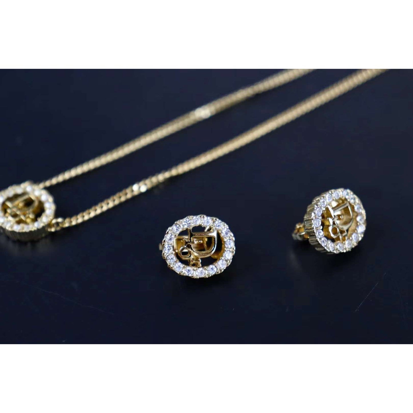 Rank A | Dior Necklace Earring Set Gold 18k Gold Plated Rhinestone|090105