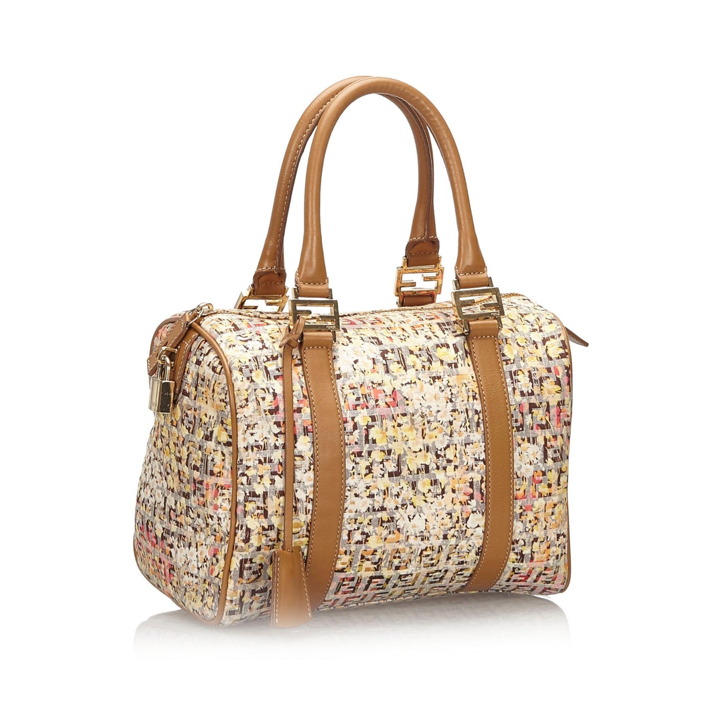 Fendi Brown Beige Canvas Fabric Floral Zucchino Boston Bag Italy