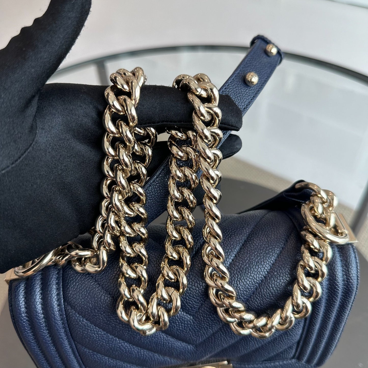 *Like New* Caviar Boy Small 20CM Chevron Grained Calfskin Leboy Dark Blue GHW No 24