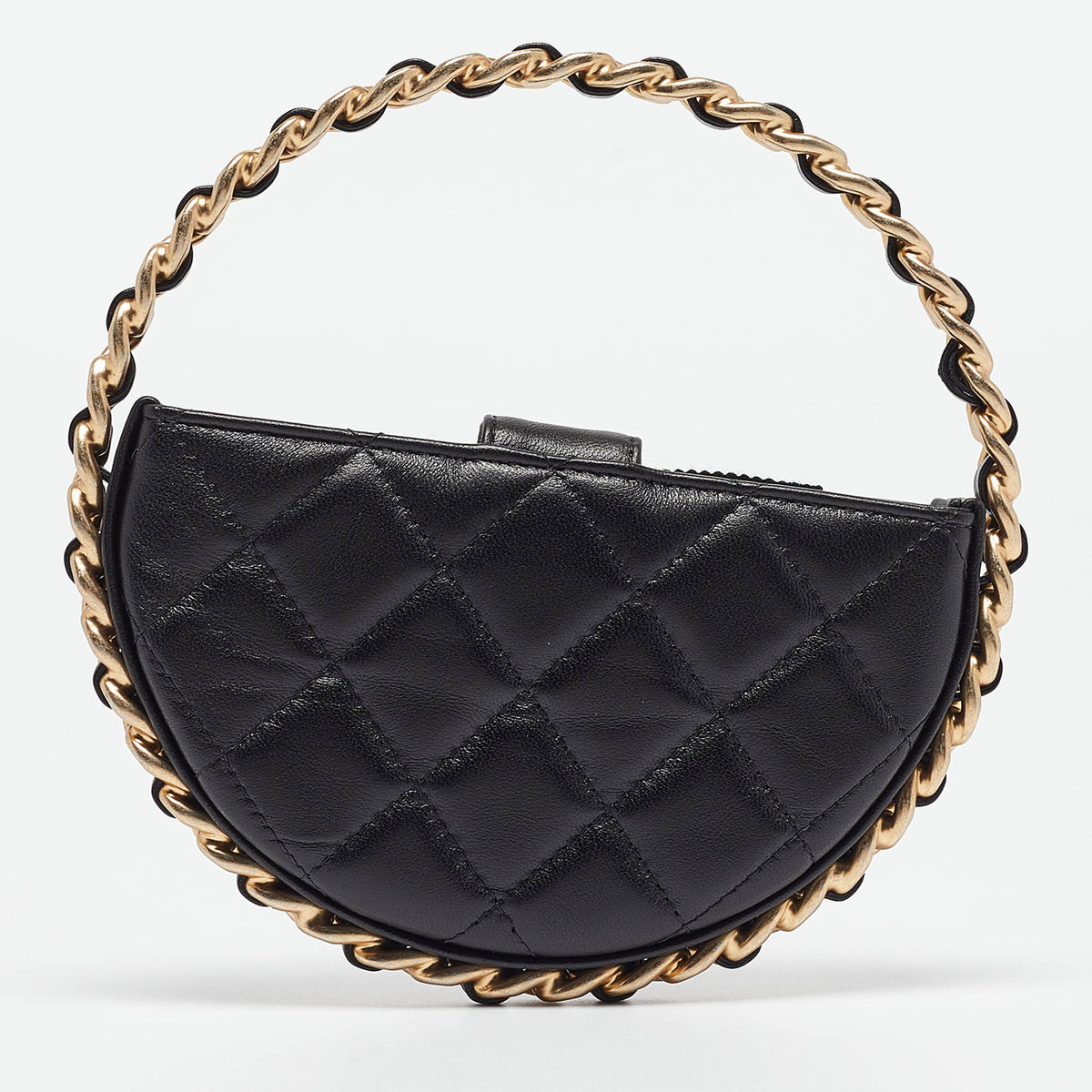 Chanel Black Quilted Leather Mini Round Camellia Clutch