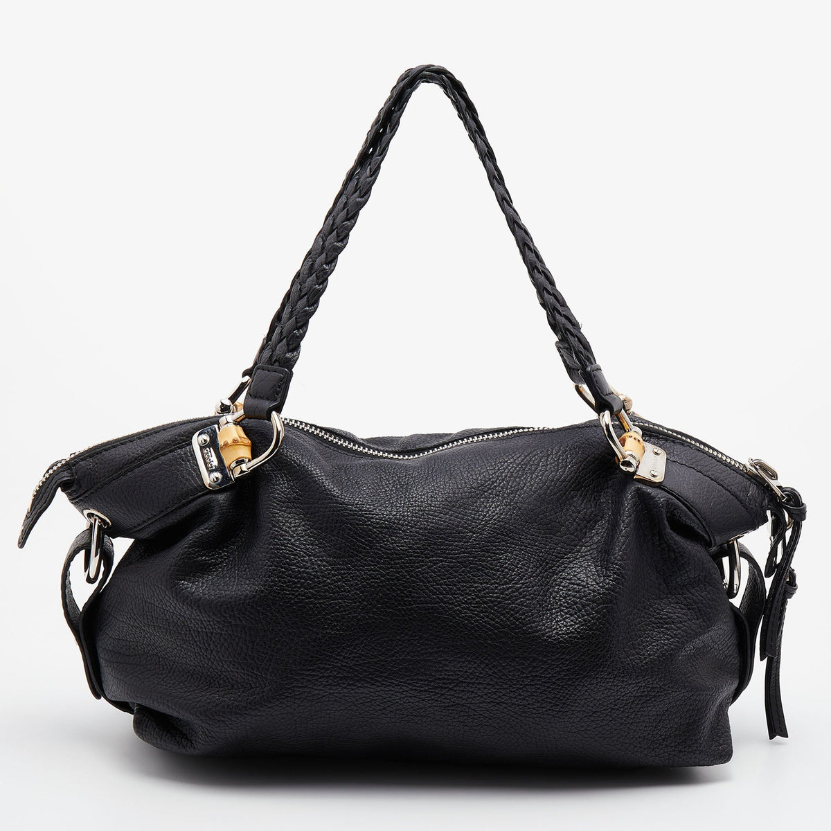 Gucci Black Leather Braided Handle Satchel