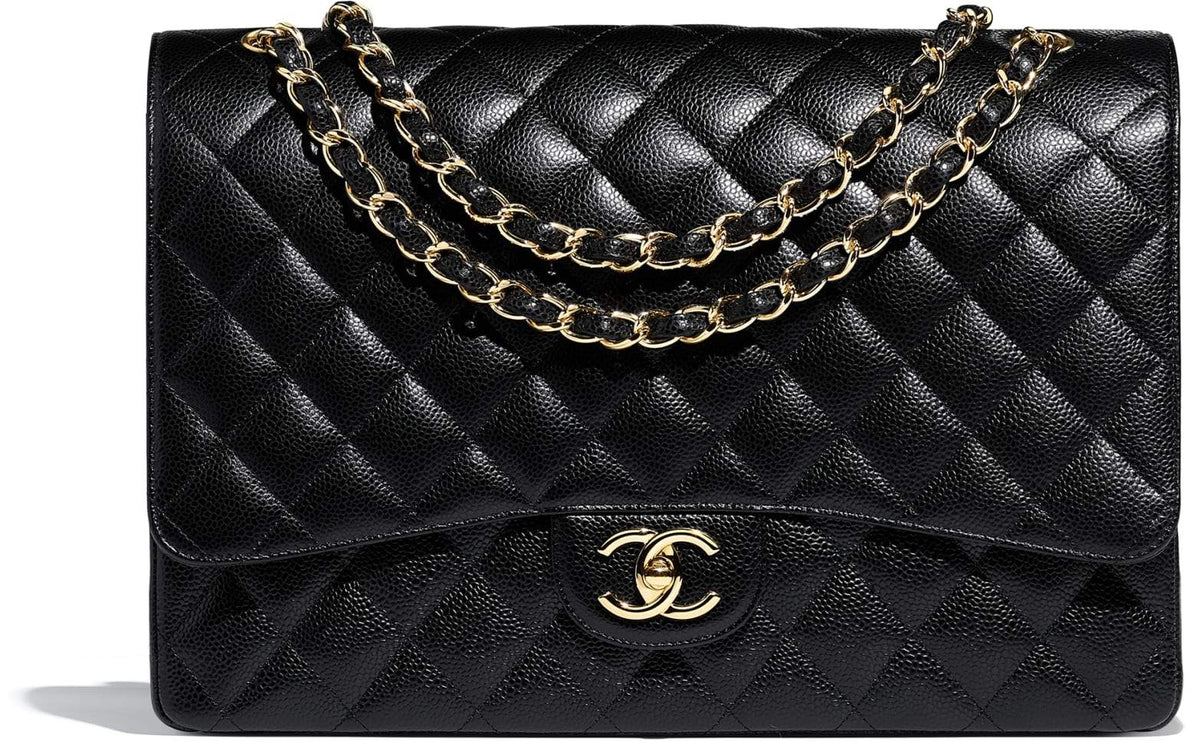 Chanel Classic Maxi HandBag Black Grained Calfskin Gold-Toned