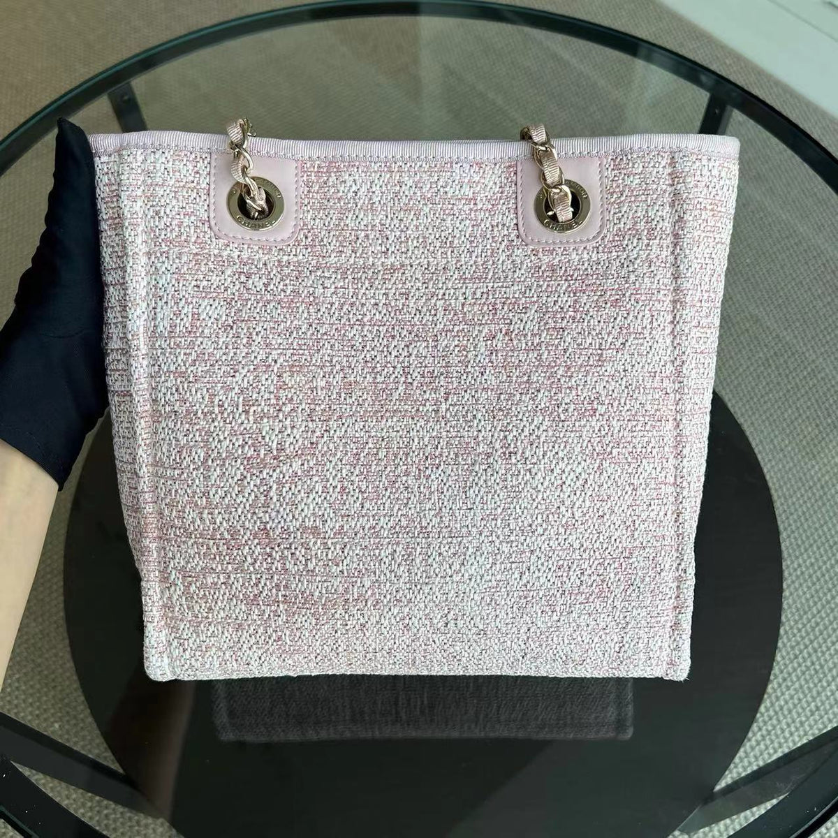 Chanel Deauville Tote Mini - Pink Fabric with Gold Lettering