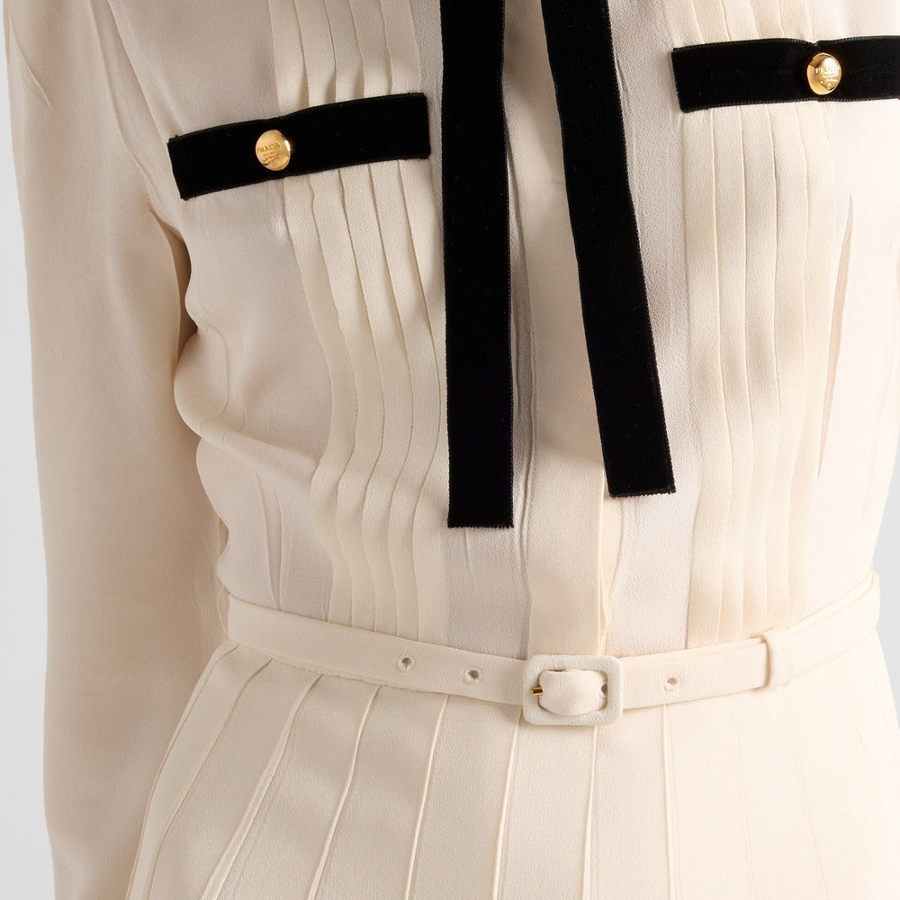 Long pleated satin sablé dress
