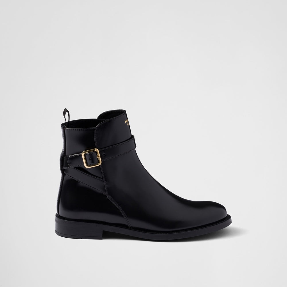 Brushed leather ankle boots with strap