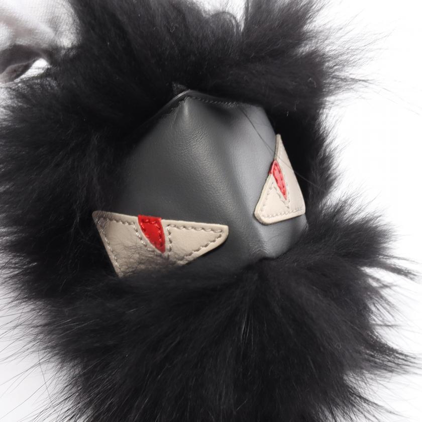Fendi Bag Bugs Monster Bag Charm Key Ring Fur Leather Black Gray 885059