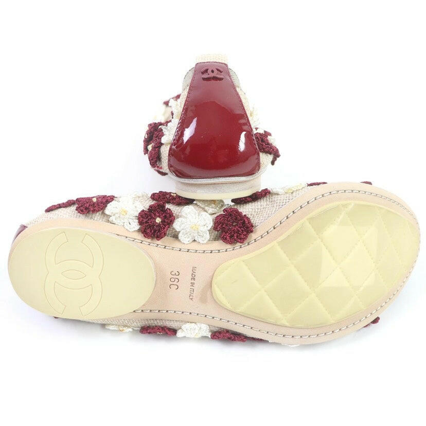 Chanel Beige/Bordeaux Floral Embellished Ballet Flat Shoes Size