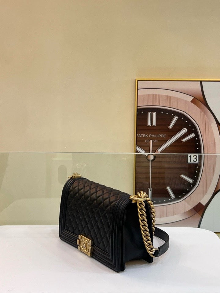 FULL SET Chanel Le Boy Bag Black Quilted Leather Crossbody