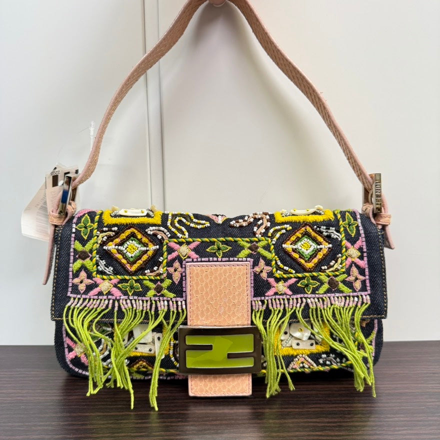 Rare✨ Fendi Python Beaded Denim Baguette Shoulder Bag LB110112 in Multicolor