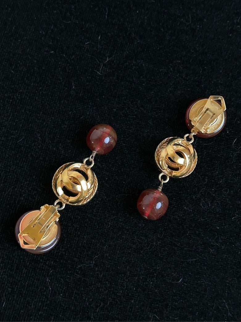 Chanel Red Hollow-Out Glass Gold Ball Clip-On Earrings .cm