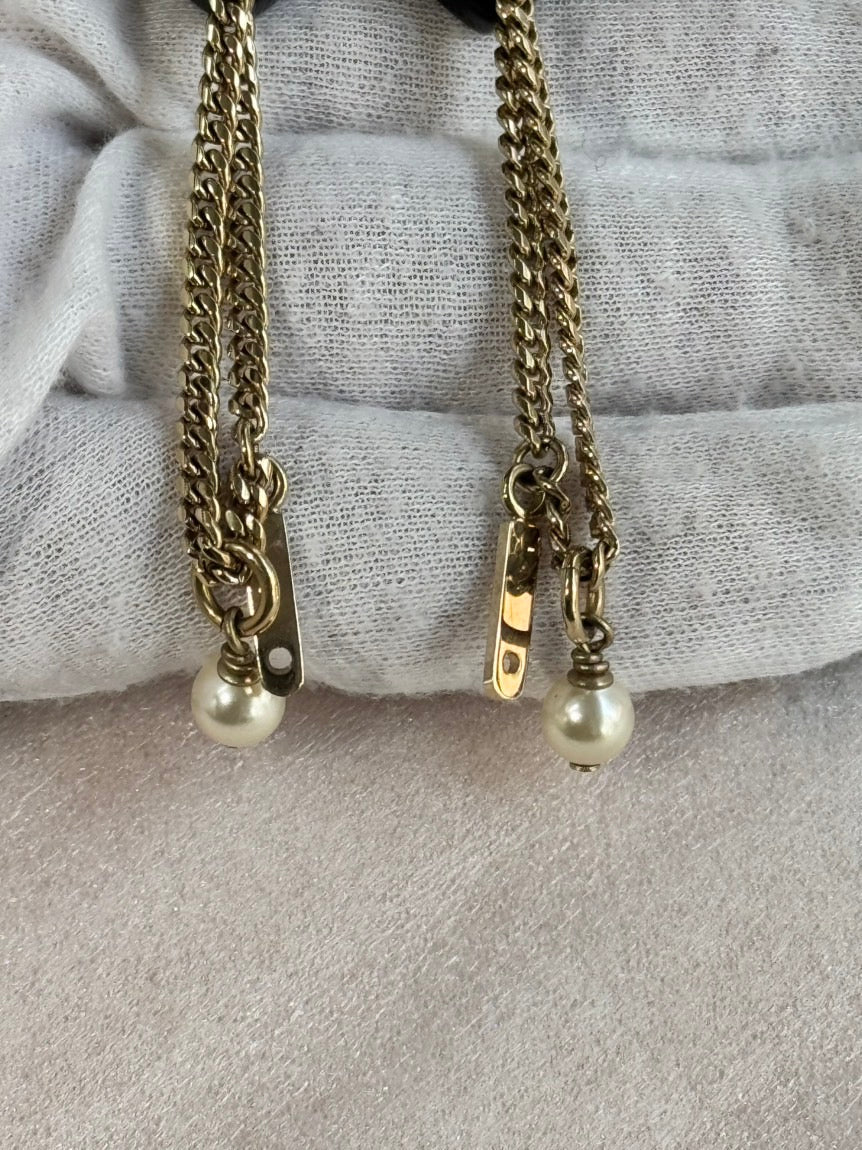 Preloved CHANEL Heart Pearl Earrings Black Gold 2way