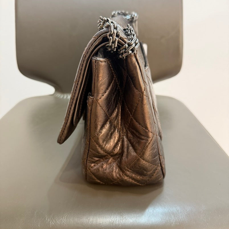 Chanel . Dark Brown Iridescent Double Flap GM Shoulder Bag
