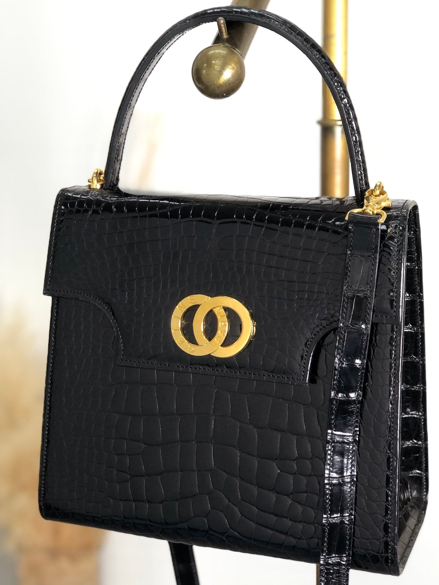 CELINE Circle Logo Two-way Top Handle Handbag Shoulder bag Black Vintage bwjy43