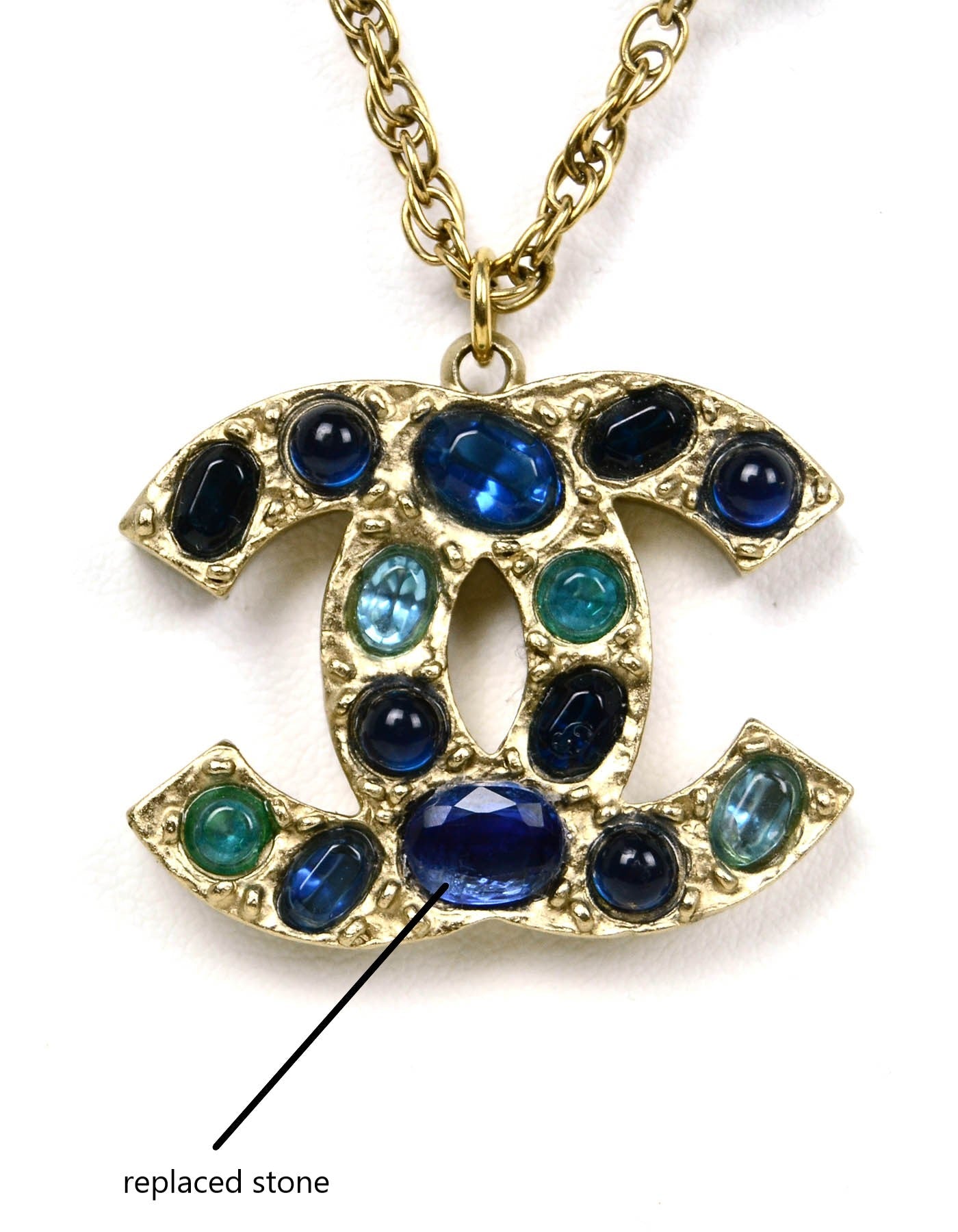 Chanel 31.5" Chain Necklace w/ Blue Stone CC