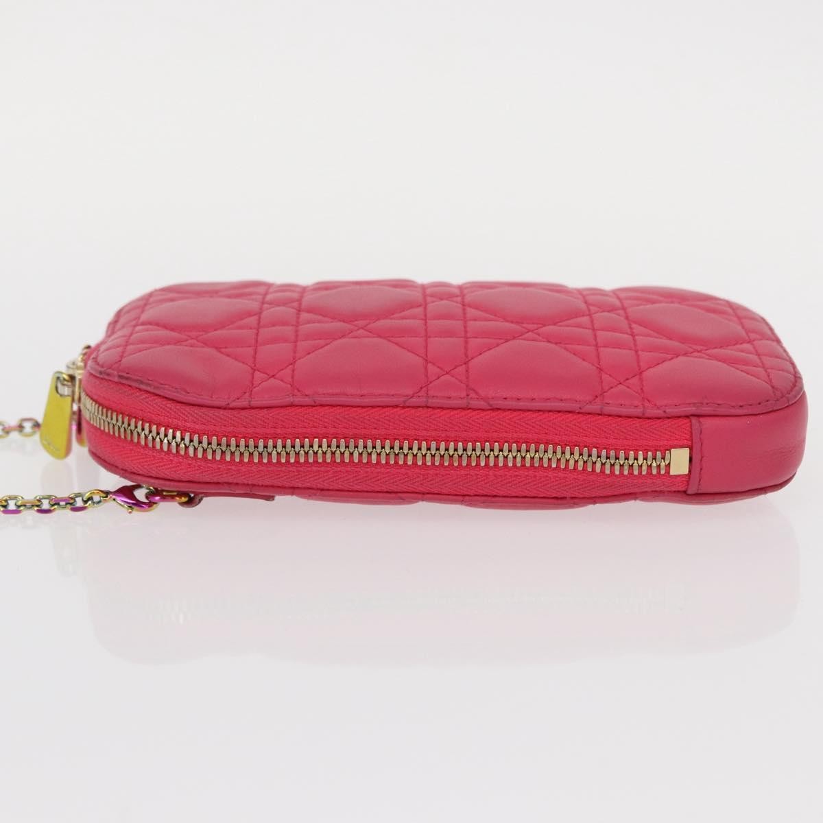 Christian Dior Lady Dior Phone Holder On Chain Cannage Quilt Lambskin Pink Leather Clutche & Pouche Bag ()