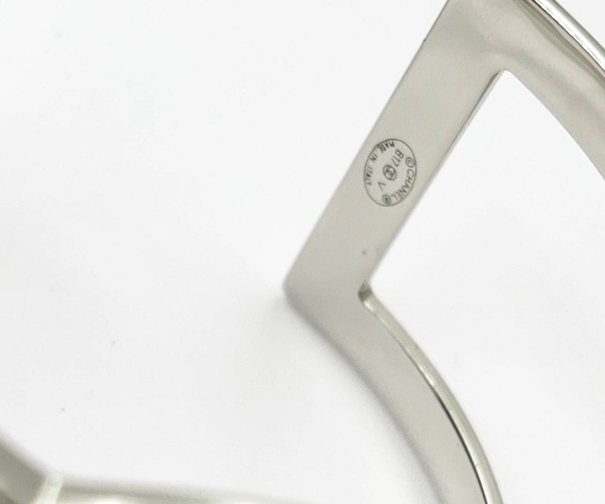 Chanel Classic Silver CC Square Round Crystal Cutout Double Cuff Bracelet