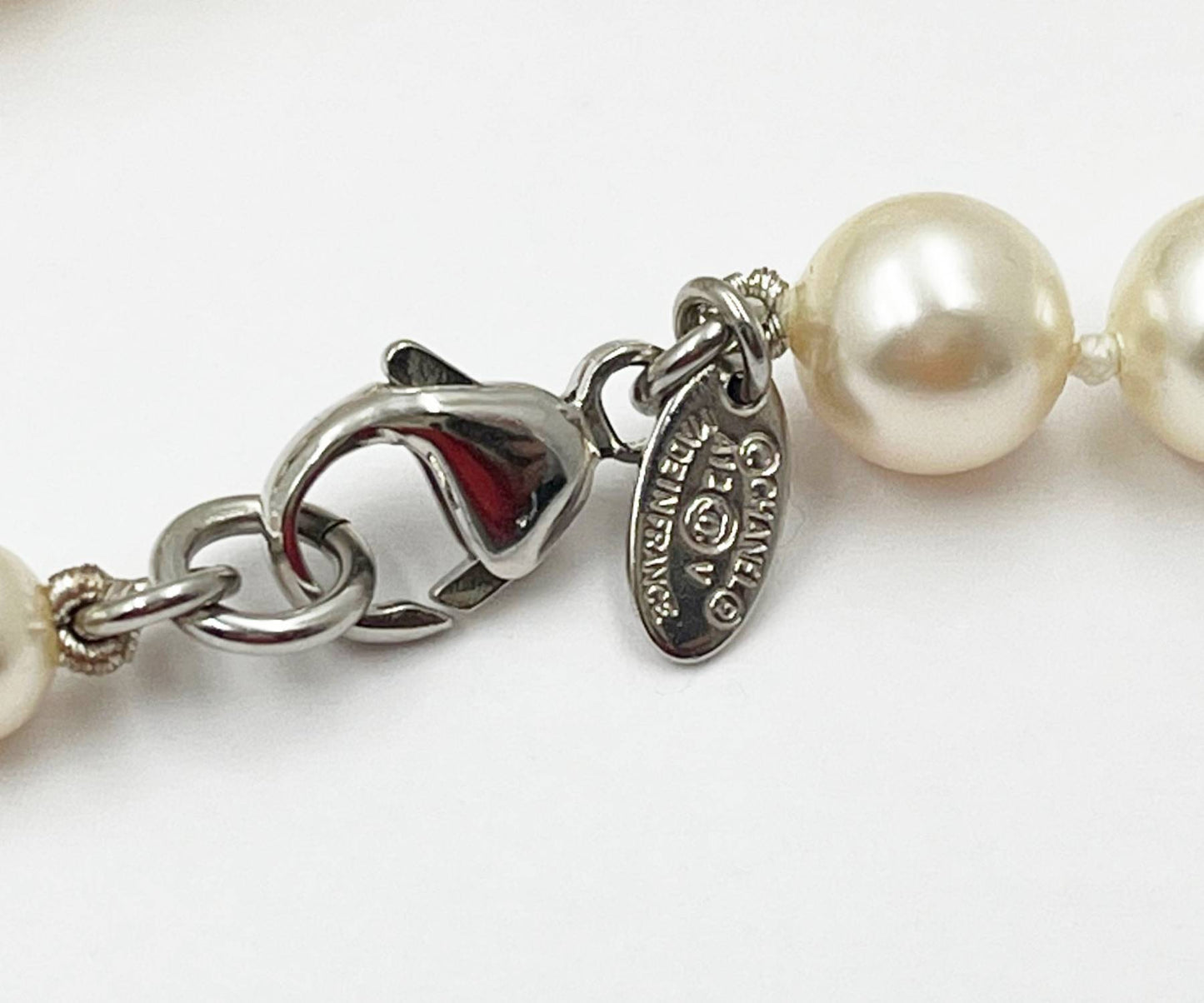 Chanel Classic Silver CC White Bead Pearl Necklace