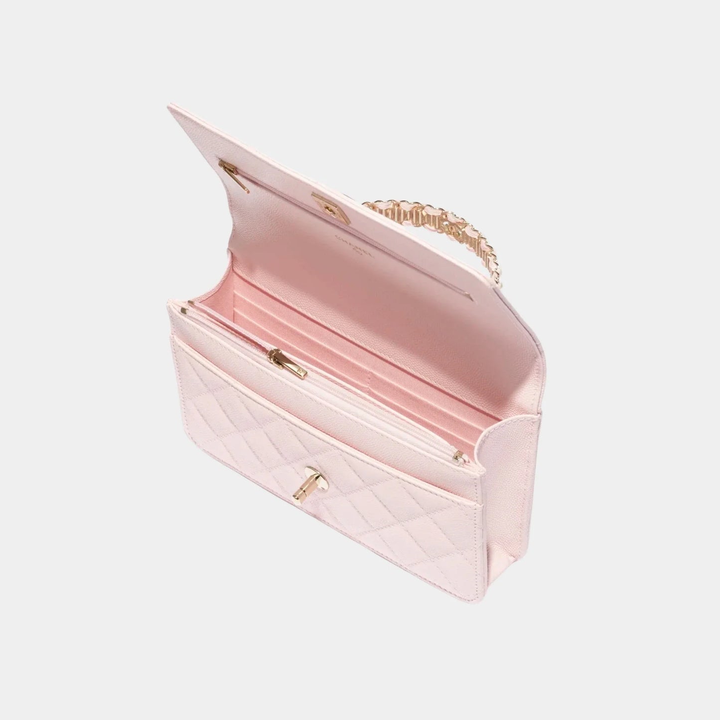 Wallet On Chain Grained Calfskin and Imitation Pearls