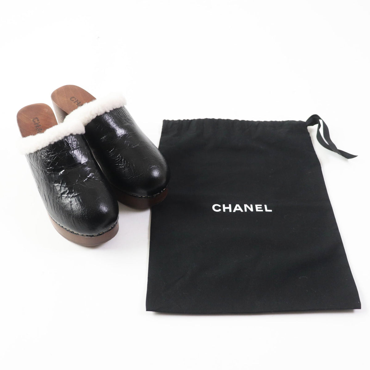 Chanel Sheepskin Clog Sandals Black Brown