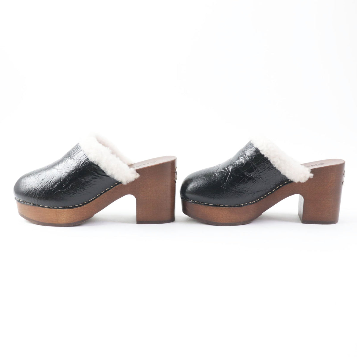 Chanel Sheepskin Clog Sandals Black Brown