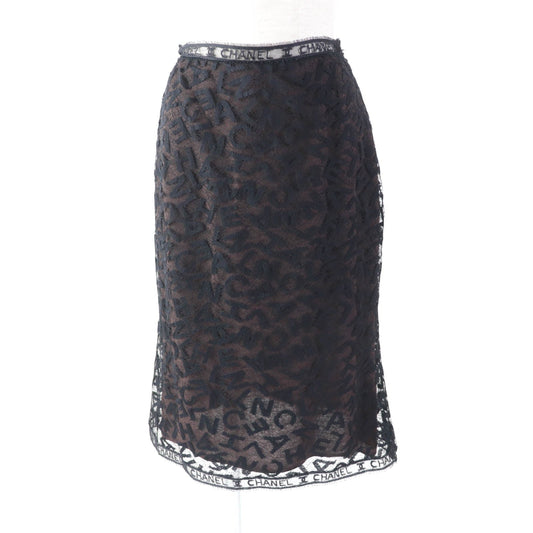 Chanel Vintage Logo Lace Knee Skirt Black 38