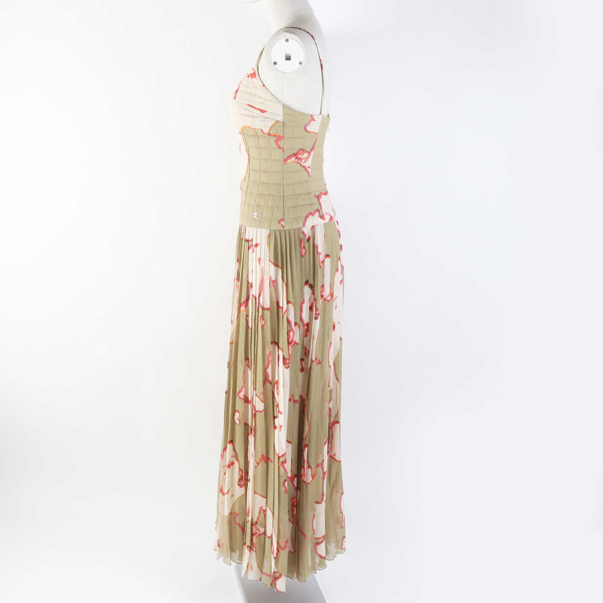 Chanel Silk Pleated Cami Dress Khaki Beige 36