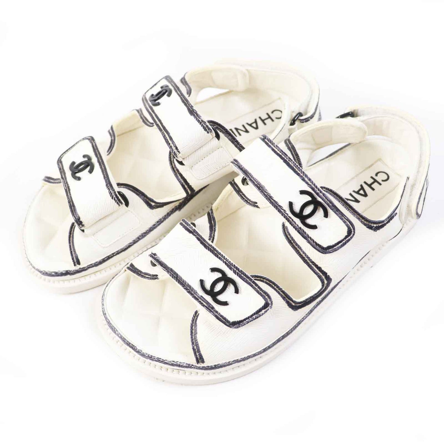 CHANEL Sandals G35927 leather Ivory black COCO Mark Comfort Velcro 35