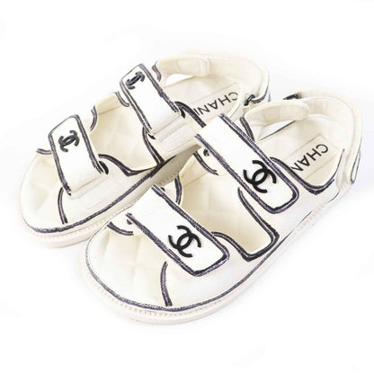 CHANEL Sandals G35927 leather Ivory black COCO Mark Comfort Velcro 35