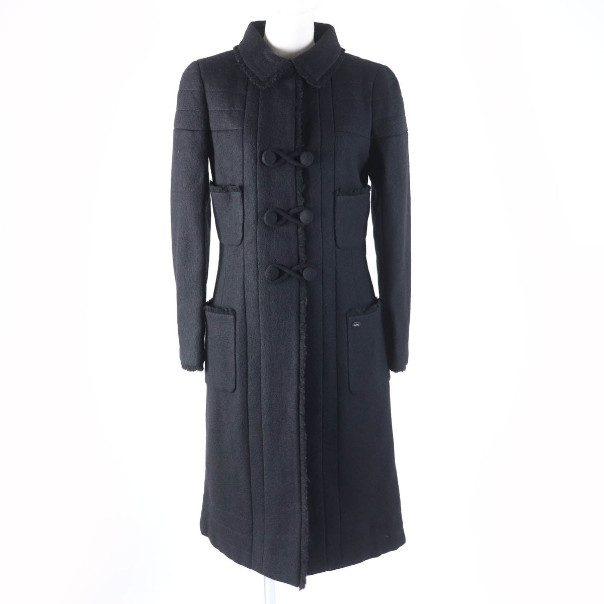 Chanel Wool Silk Logo Coat Black 36