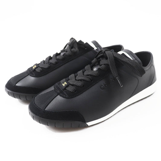 Chanel Calf Leather Suede Sneakers Black White 36
