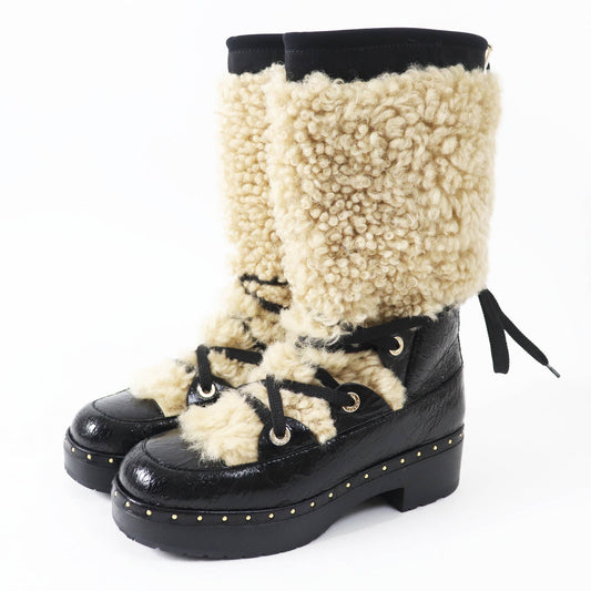 Chanel Leather Mouton Boots 37 Black Beige