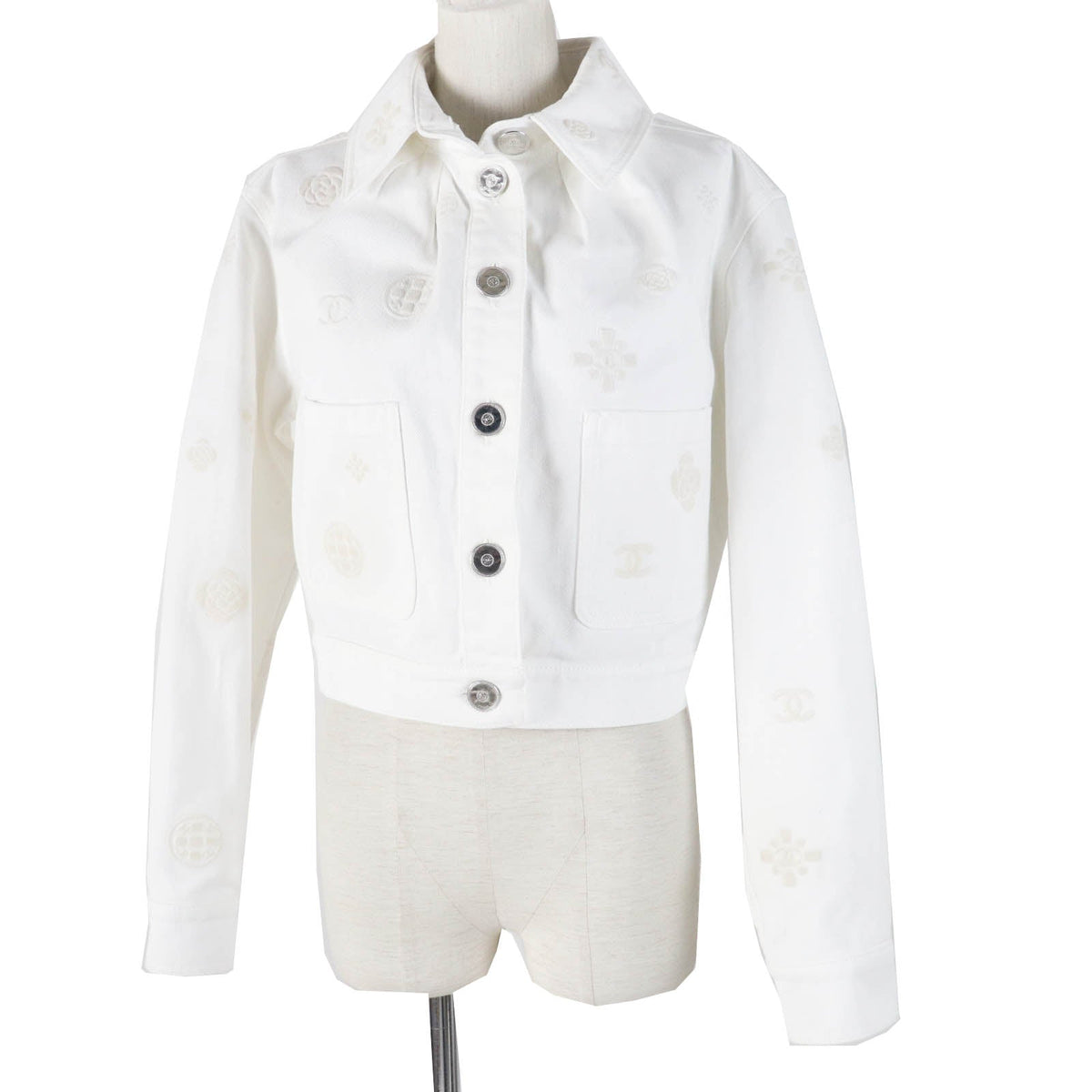 Chanel Cotton COCO Mark Button Camellia Embossed Cropped Denim Jacket