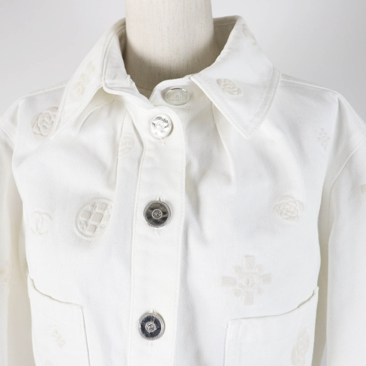 Chanel Cotton COCO Mark Button Camellia Embossed Cropped Denim Jacket