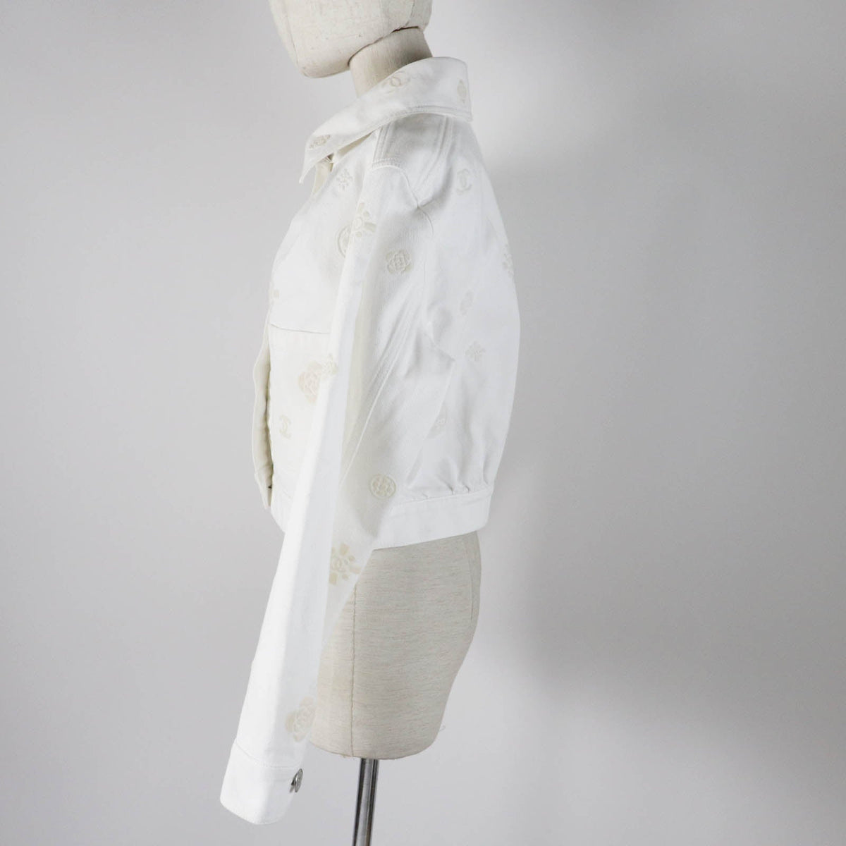 Chanel Cotton COCO Mark Button Camellia Embossed Cropped Denim Jacket