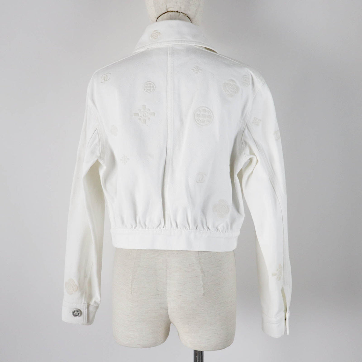 Chanel Cotton COCO Mark Button Camellia Embossed Cropped Denim Jacket
