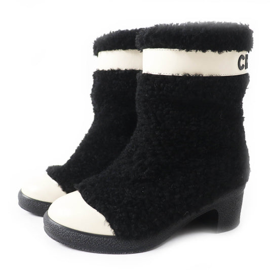 Chanel Sheepskin Leather Boots Black White 35