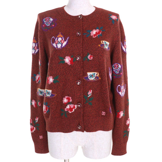 Chanel Lion Button Teacup Pot Floral Print Cashmere Cardigan