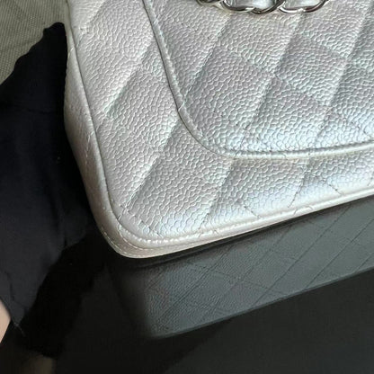 *Un* Caviar Mini Rectangle Classic Flap Quilted Iridescent Pearl White Silver Hardware Series 20