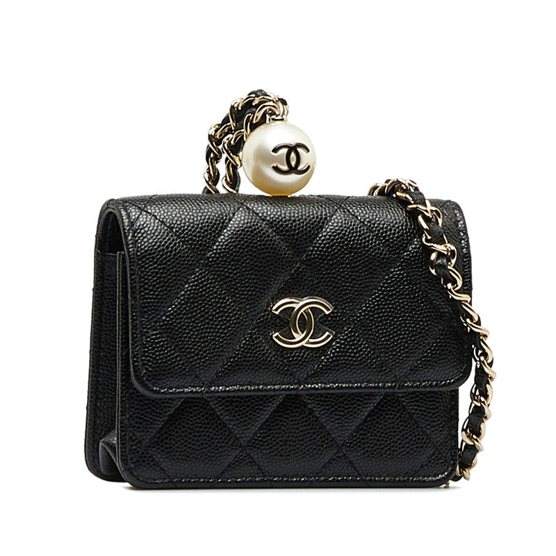 Chanel Matrases Cocomark Fake Pearl Chain CoinPars Card Case Black Caviar   CHANEL