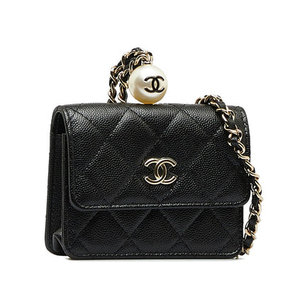 Chanel Matrases Cocomark Fake Pearl Chain CoinPars Card Case Black Caviar   CHANEL