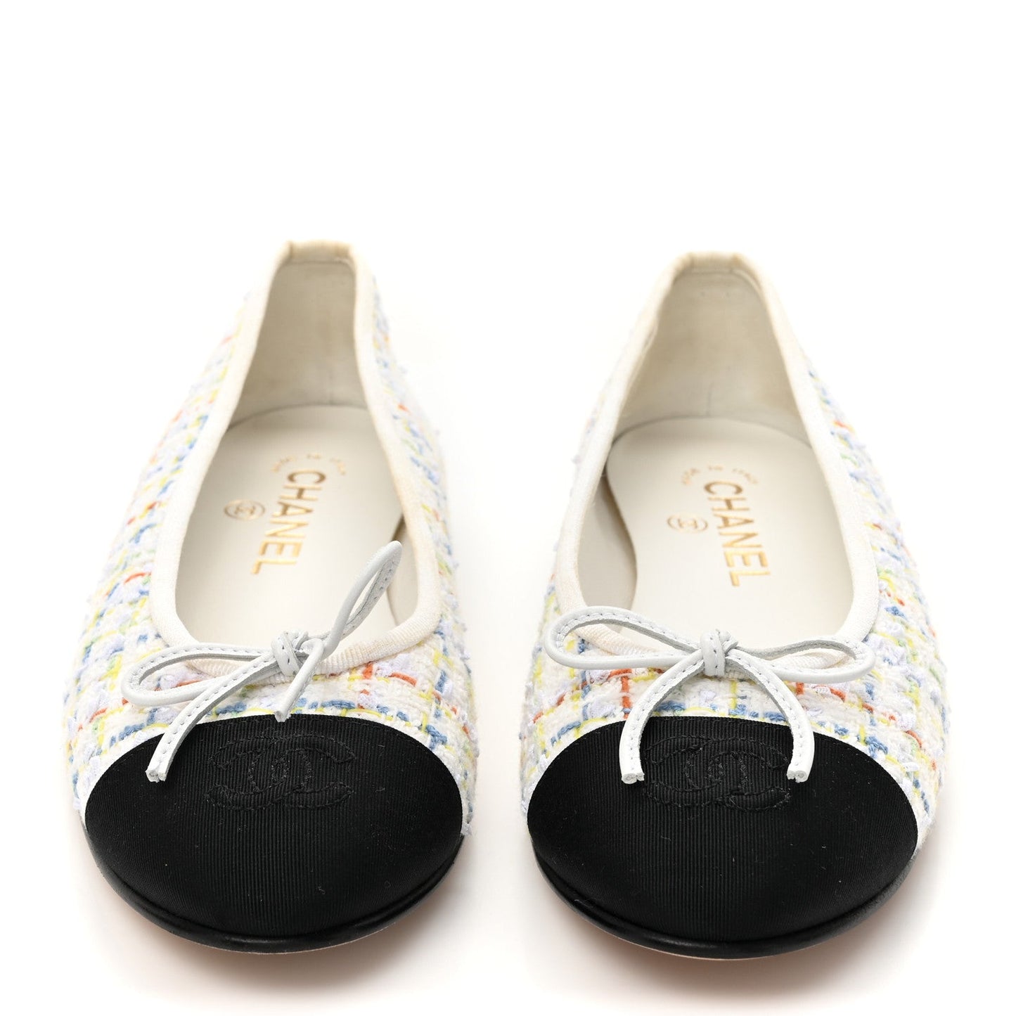 Tweed Grosgrain Cap Toe Ballerina Flats 37.5 White Multicolor