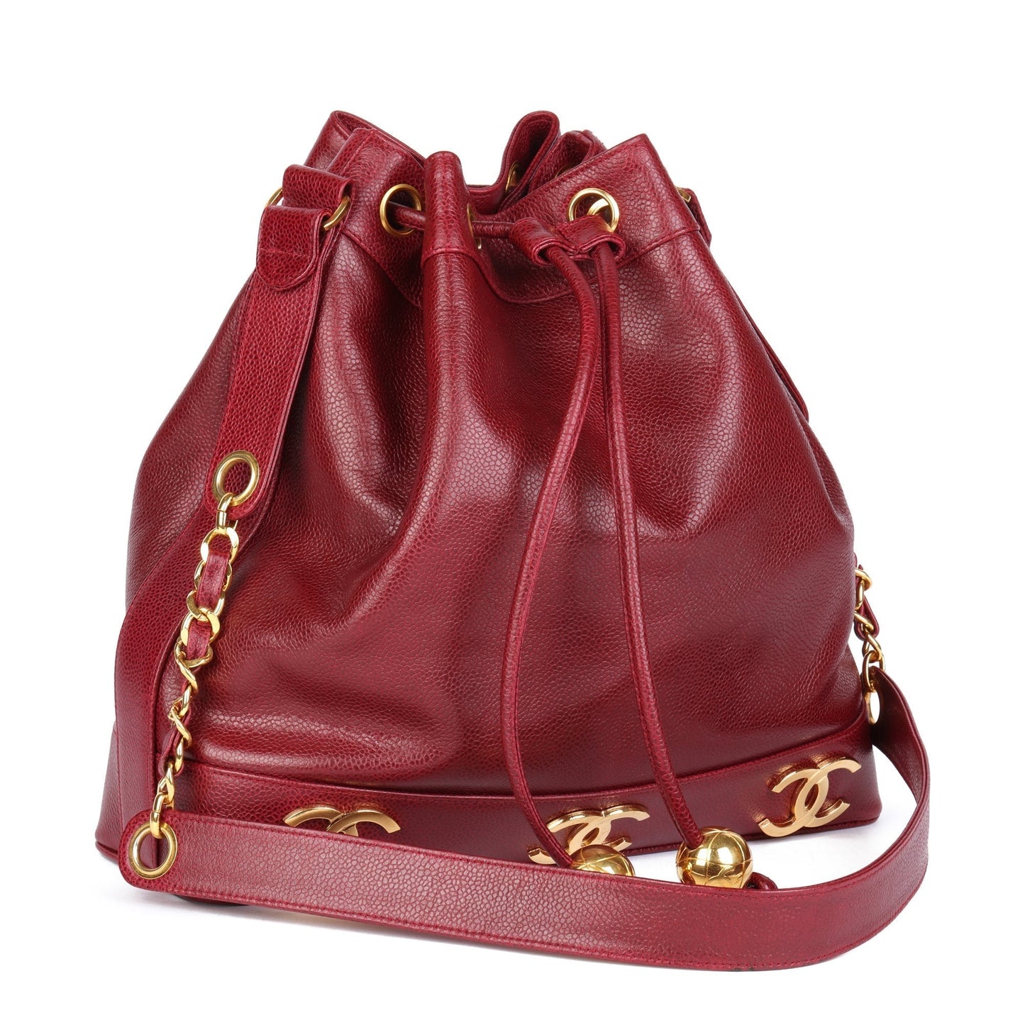 Chanel Bordeaux Caviar Leather Vintage Classic Logo Trim Bucket Bag with Pouch Shoulder Bag
