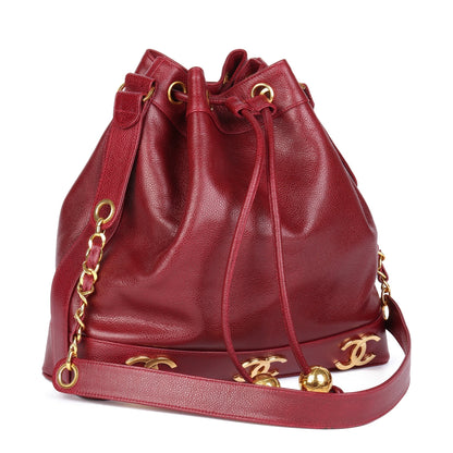 Chanel Bordeaux Caviar Leather Vintage Classic Logo Trim Bucket Bag with Pouch Shoulder Bag