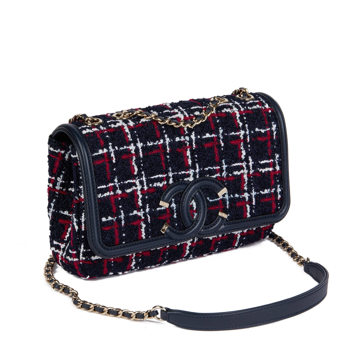 Chanel Navy, Red, White Tweed Fabric & Navy Lambskin Small Filigree Flap Bag