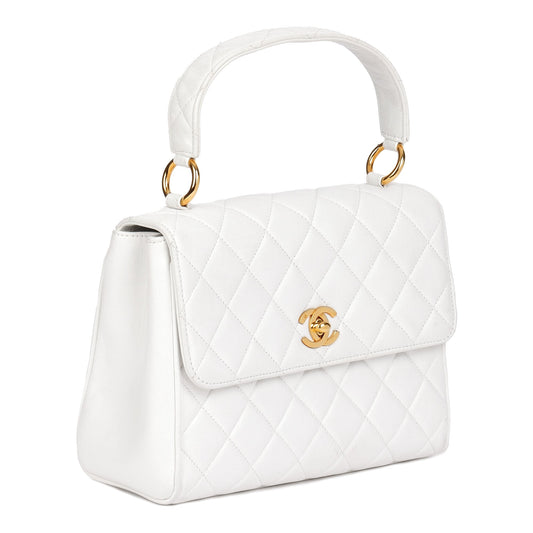 Chanel White Quilted Lambskin Vintage Classic Kelly Top Handle Bag
