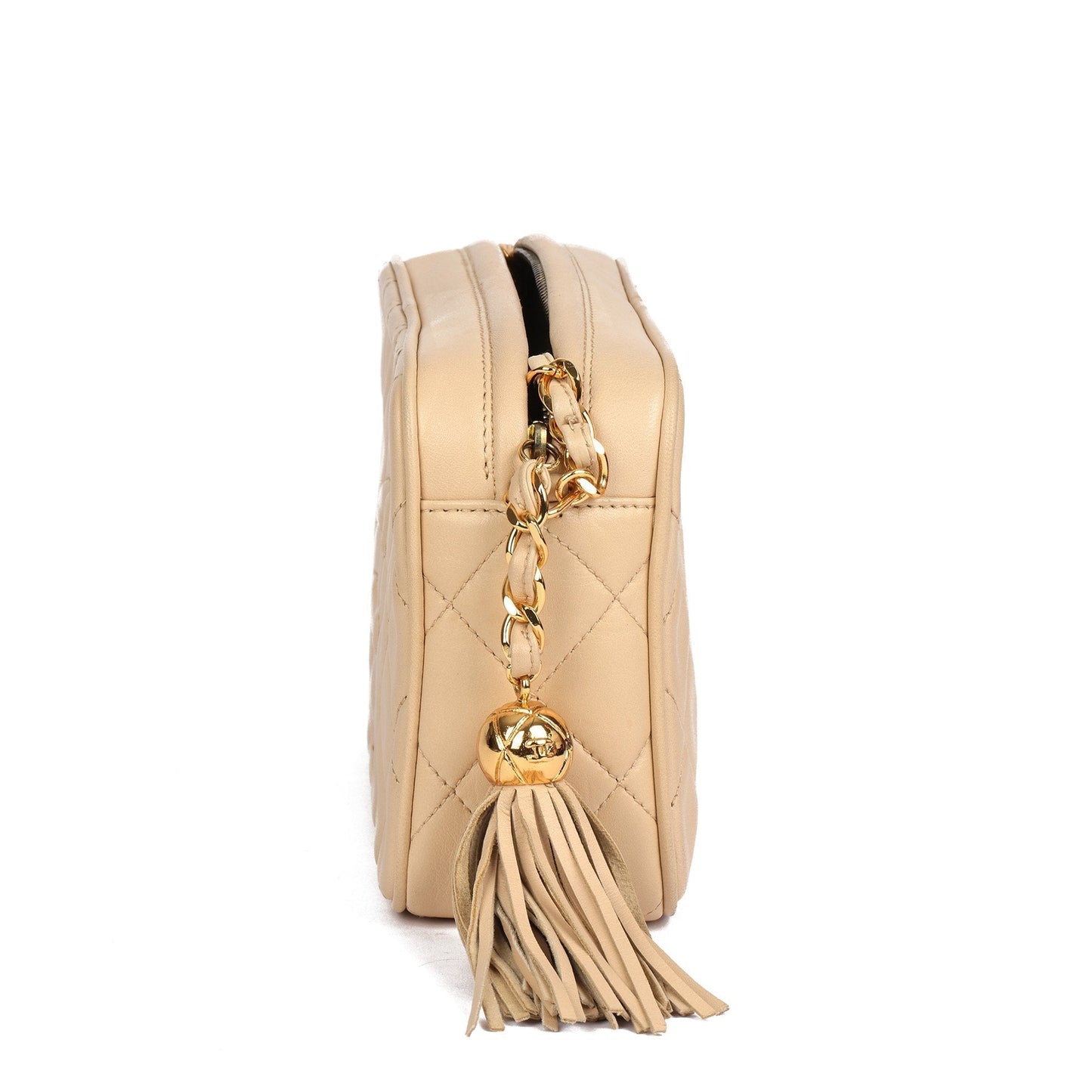 Chanel Beige Quilted Lambskin Vintage Small Fringe Timeless Camera Bag
