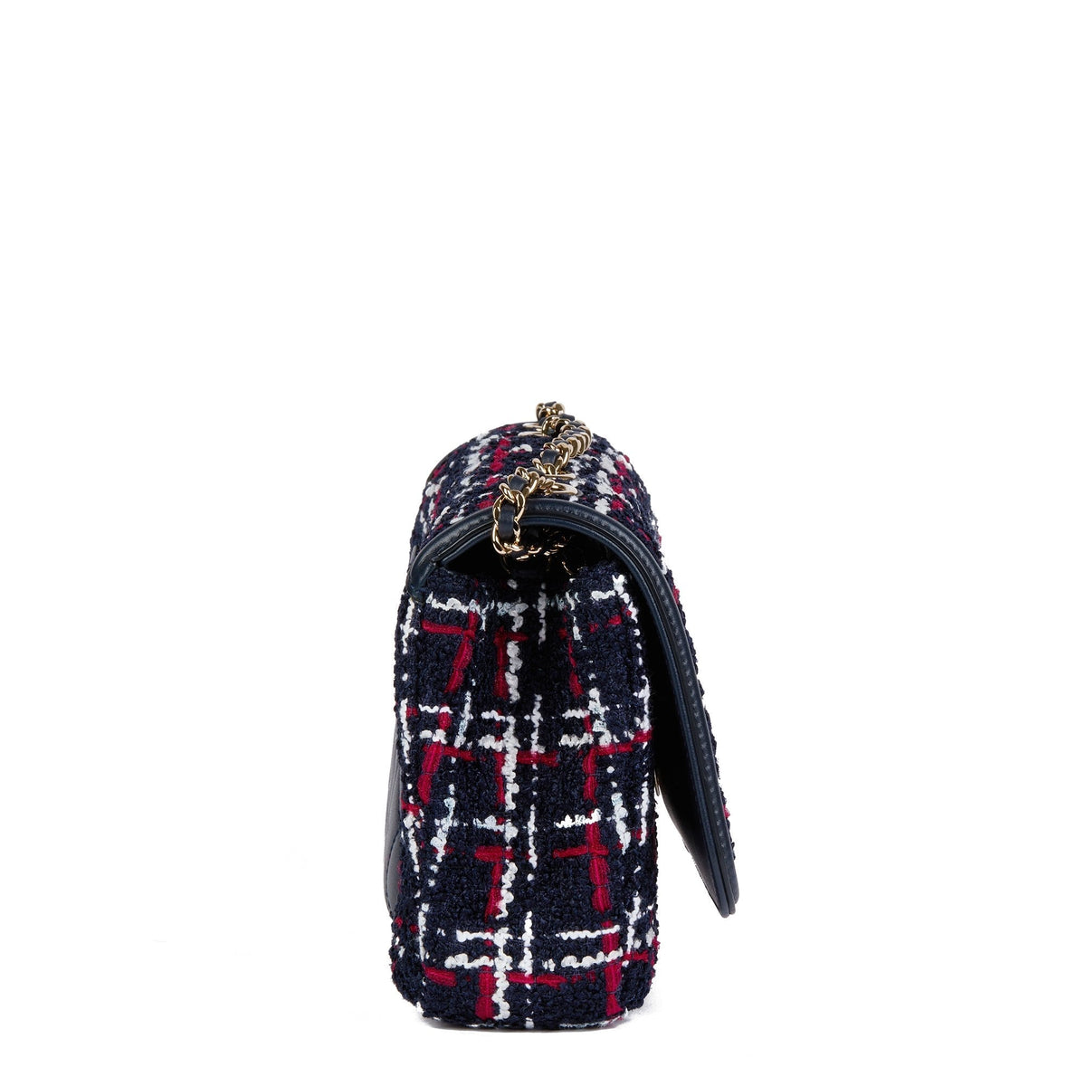 Chanel Navy, Red, White Tweed Fabric & Navy Lambskin Small Filigree Flap Bag