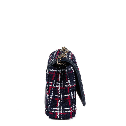 Chanel Navy, Red, White Tweed Fabric & Navy Lambskin Small Filigree Flap Bag